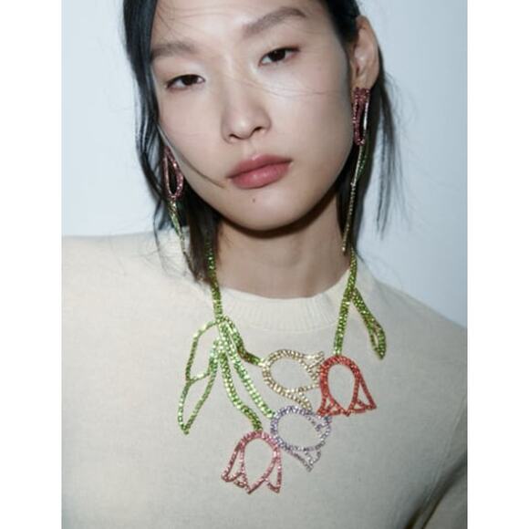 Zara Tulip Flower Multi-Color Rhinestone Necklace - Picture 1 of 4